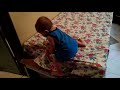 One year old spirulina baby gets down from bed!