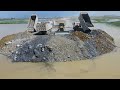 Nice Project !!stone pushing bulldozer, SHACMAN truck dumping enormous stone, building road on water