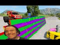 5 MONSTER TRUCKS vs Big & Small: McQueen with Spinner Wheels - Long Slide Game vs Thomas Train