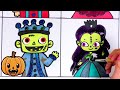 How to draw Rainbow Family and Zombie Halloween Family- Painting princesses with glitter