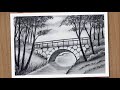 Forest bridge scenery drawing with pencil step by step, Pencil drawing for beginners