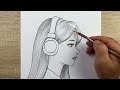 Müzik Dinleyen Kız Çizimi, Çizim Hobimiz Kolay Karakalem Portre Güzel Kız Çizimi