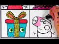 How to draw Peppa Pig Birthday party-  Gift Balloon and Cake- Glitter Painting for preschool