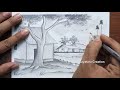 How to draw pencil sketch for beginners, Village scenery drawing