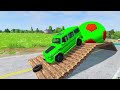 Double Flatbed Trailer Truck vs Speedbumps Train vs Cars | Tractor vs Train Beamng.Drive 001