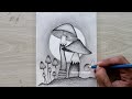 How to Draw Sunset Scenery with Pencil, Simple Pencil Drawing, Cute Drawings