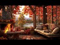 Autumn Lakeside Cottage🍂Autumn Sunny Day Ambience  Warm Firepit & Enchanted Fall Leaves Sounds