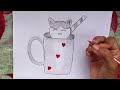 Pencil Drawing Easy Ideas, Cute Cat and Mug Drawing