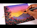 Easy Scenery Painting | Acrylic Painting | Flower Painting / Sunset Scenery Painting - For Beginners
