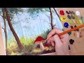 How to draw a summer forest landscape step by step / Acrylic painting / Healing painting