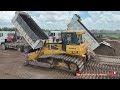 Amazing New Dump Truck Dumping Sand, Shantui Dozer pushing sand, wheel loader filling for foundation