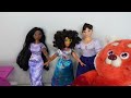 Disney Turning Red Mei packing backpack for school with Encanto dolls