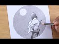 How to draw a girl in moonlight night drawing || circle drawing scenery