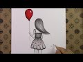 Easy Drawings, Pencil Drawing Girl Holding Balloons Step by Step How to Draw, Drawing Hobby Pictures
