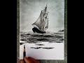 Pencil drawing of a ship sailing against the waves of the ocean.