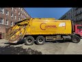 Full Bulky Dumpsters in an Intense Boston Alley Eaten by a Monster Garbage Truck