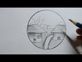 How to draw Village nature scenery 🌄 | pencil drawing | circle drawing  #naturedrawing