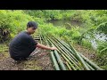 Camping: Making floating raft shelters, from bamboo and plastic, catching rain in the lake and cook