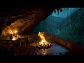 Deep Sleep in a Cozy Rainy Thunder Cave Bonfire Sounds | Crackling Fire & Rain - Thunder