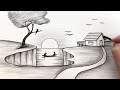 Pencil Drawing of Beautiful Sunset Nature, Pencil Drawings for Beginners, Landscape Drawing