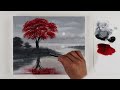 Black and White Landscape Painting | Red Tree | Easy Painting for Beginners