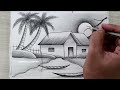 Beautiful Sunset Scenery Drawing by Pencil, Easy Pencil Drawing Tutorial