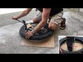 Motorcycle tire change using only hand tools (spoon) Save money, time, trail rescue. Quick and easy.