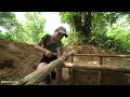 Rainy Season Building Private  Warm Underground Bushcraft shelter with wooden roof, Clay Fireplace