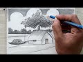 Beautiful Village Landscape Drawing with Pencil, Pencil Drawing for Beginners