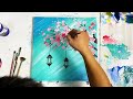 Cherry Flowers With Hangings Lamps | Acrylic painting for beginners step by step | Paint9 Art