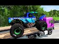 5 MONSTER TRUCKS vs Big & Small: McQueen with Spinner Wheels and Thomas Train - BeamNG.Drive