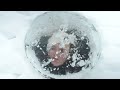 Solo WINTER shelter construction IGLOO and fishing on a frozen lake ASMR