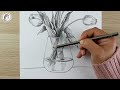 how to draw Flowers Vase | drawing | dibujo de flores | still life drawing | رسم | رسم مزهرية الزهور