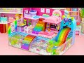 Make Aquarium Around Mini Pink House With Rainbow Unicorn Slide from Cardboard | DIY Miniature House