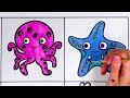 Learn How to draw Sea animals - Baby Shark Fish Crab and others- Glitter art for kids