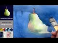 Watercolor painting a green pear with dark background