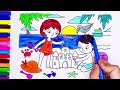 Beach Summer, living scene drawing and color, Step by Step