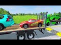 Double Flatbed Trailer Truck vs Speedbumps Train vs Cars | Tractor vs Train Beamng.Drive 001