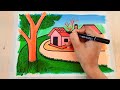 How To Draw a Village Scenery Of Beautiful Nature (step by step)