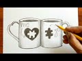 Friendship day drawing | Best Friends Drawing on Cup - Pencil Sketch | Heart Shape Cup Drawing