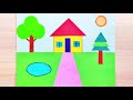 How to make scenery using geometrical shapes |House scenery with geometrical shapes |Village scenery