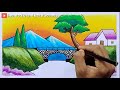 How to Draw Easy Scenery of Mountain, Bridge and River Step by Step | Simple Nature Scenery Drawing