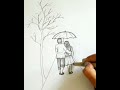 How to draw a landscape with easy ways | How to draw a couple with an umbrella on a rainy day