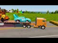 TRANSPORTING PIXAR CARS, SPPEDBUMPS, COLORED STAIRCASE, DOUBLE FLATBED TRAILER AGAINST THE TRAIN #5