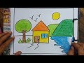 Easy Landscape drawing for kids | House and nature drawing