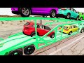 Flatbed Trailer Toyota Cars Transportation with Truck - Pothole vs Car #010 - BeamNG.Drive